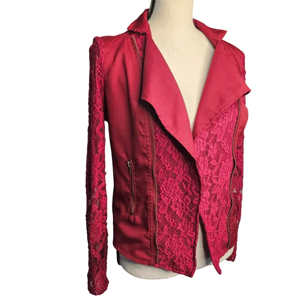 Red Snap Y2K Whimsigoth Lace Red Long‎ Sleeve Small Shacket
